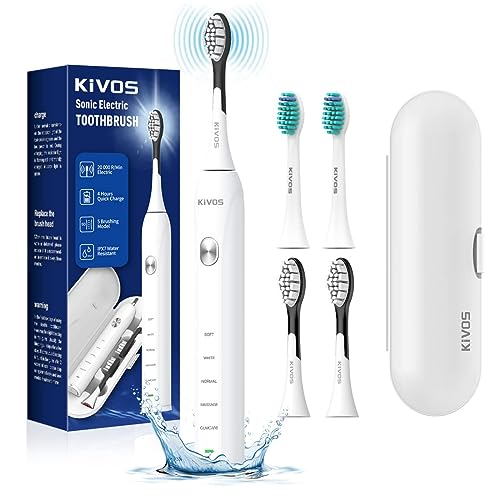 電動歯ブラシ KiVOS 音波歯ブラシ ソニック 4本替えブラシ トラベルケース付き DC3.5充電式 IPX7防水 5モード 歯ブラシ磨き 低ノイズ S5302 (白色) 電動歯ブラシ KiVOS 音波歯ブラシ ソニック 4本替えブラシ トラベルケース付き DC3.5充電式 IPX7防水 5モード 歯ブラシ磨き 低ノイズ S5302 (白色)