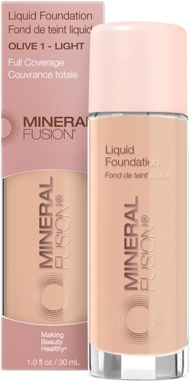 Mineral Fusion Full Coverage Foundation, Liquid Foundation - Olive 1- Light Complexion w/Olive/Green Undertones, Lightweight Matte Finish, Up to 12 Hr Hydration, Hypoallergenic & Vegan, 1 fl. oz
