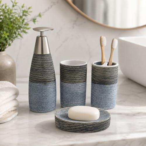 Image of Whizzo Premium Grey Bathroom Accessories Set of 4 - Soap Dispenser, Toothbrush Holder, Tumbler & Soap Dish - Modern Textured Ceramic Bath Set for Wash Basin Countertop, Best Gifting (BS-837, Grey)