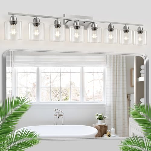 Image of Modern Brushed Nickel 8 Light Bathroom Light Fixtures,52 inch Vanity Lights for Bathroom with Clear Glass, Bathroom Light Fixture for Mirror Kitchen Living Room Hallway Cabinet Porch