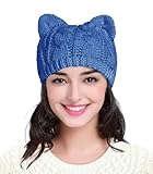 v28 Women Men Girls Boys Teens Cute Cat Ear Knit Cable Rib Hat Cap Beanie (Cat Ear Blue)