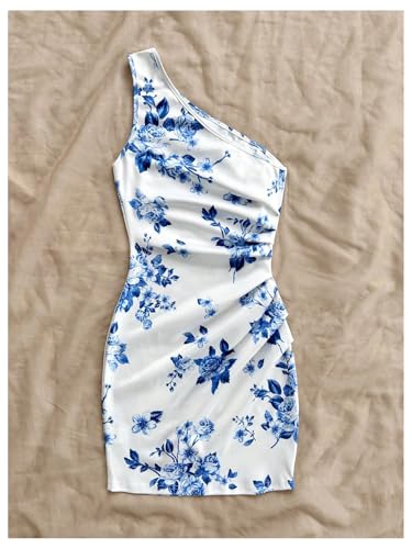 Image of Floerns Women's One Shoulder Boho Floral Print Sleeveless Ruched Side Bodycon Mini Short Dress