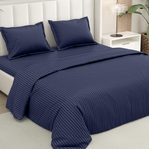 Image of Rivermoor Ultrasoft Bedsheet for Double Bed | Queen Size Bed Sheet with 2 Pillow Covers | Navy Blue Satin Stripe | 90 x 98 Inches | Breathable & Hypoallergenic