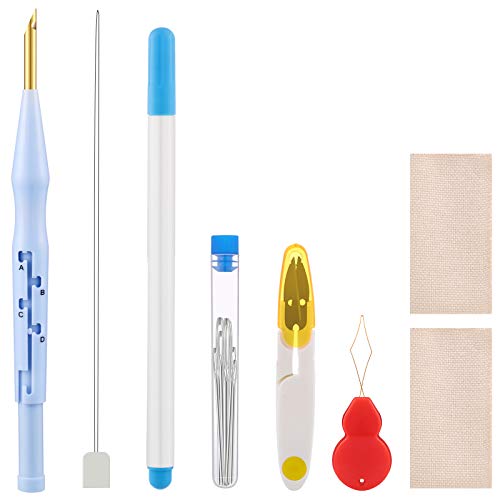 16 Pieces Punch Needle Embroidery Kits Adjustable Rug Yarn Punch Needle, Big Eye Needles, Needle Threader, Punch Needle Cloth for Embroidery Floss Cross Stitching Beginners
