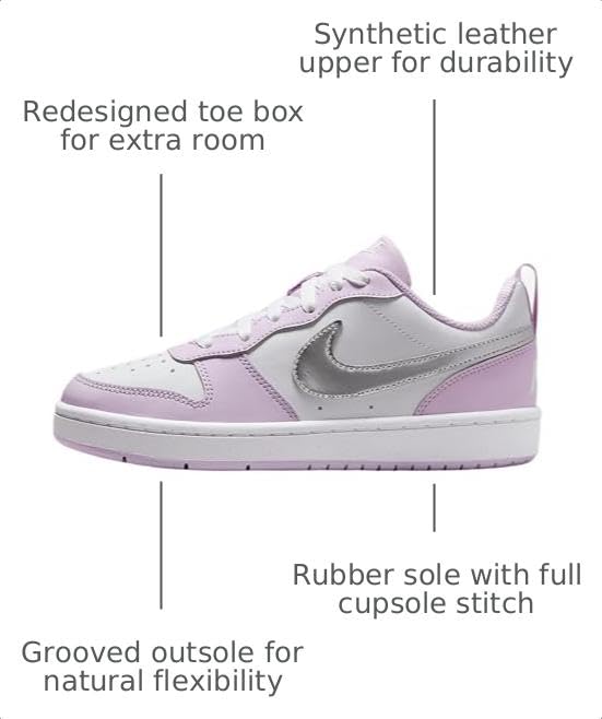 Image of Nike Court Borough Low Recraft SE Big Kids' Shoes (IH0407-530, Doll /White /Metallic Silver) Size 6.5