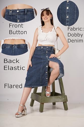 Image of Straight Stylish Comfortable Long Two Button Up Slit Dobby Denim Skirt for Women & Girls