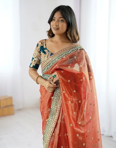 Image of SIRIL Women's Net Sequence Embroidered Saree With Unstitched Blouse