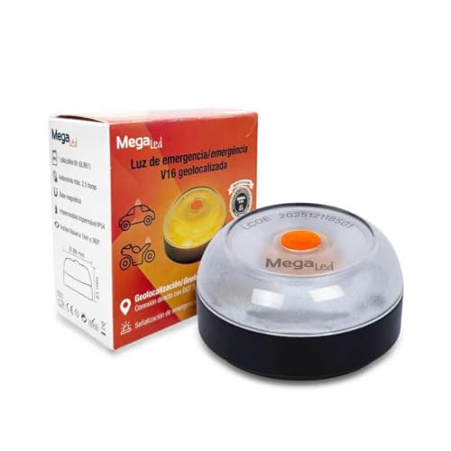 MegaLed Luz de Emergencia V16 con Geolocalización homologada y conectada con la DGT 3.0, Obligatoria Desde Enero 2026, Señal V-16 para Coches, SIM incorporada con plan de datos incluidos