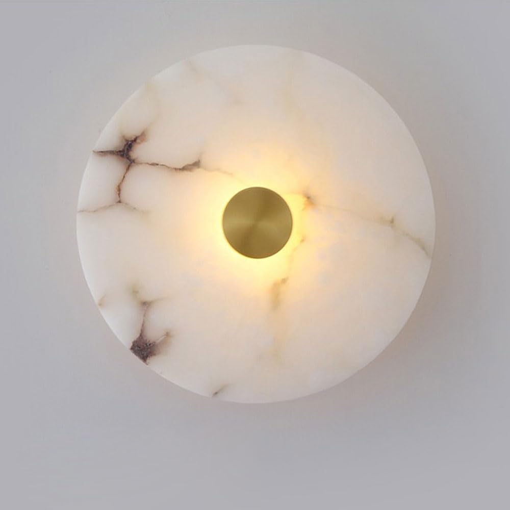 SSBHDM 7.8in Round Wall Light, LED Warm Light Natural Alabaster Wall Lamp, Modern Industrial Style Marble Wall Sconce, Staircase Entryway Bedroom Decorative Lighting Fixtures