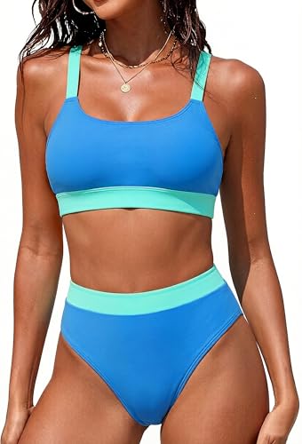 ZINPRETTY Women High Waisted Bikini Sets Color Block Swimsuits 2 Piece Bathing Suits Tummy Control Sporty Teens