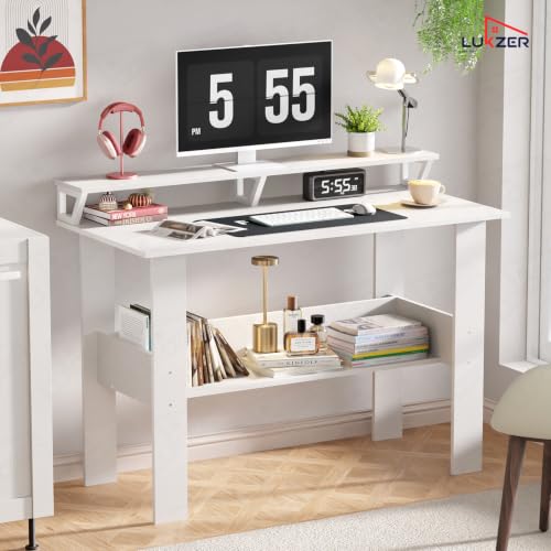 Image of Lukzer Study Table with Monitor Riser & Open Book Shelf (MST-004 /White) Engineered Wood Computer Table for Laptop, PC & Home Office, DIY Office Desk with Storage Organizer Shelf (90 x 86 x 50 cm)