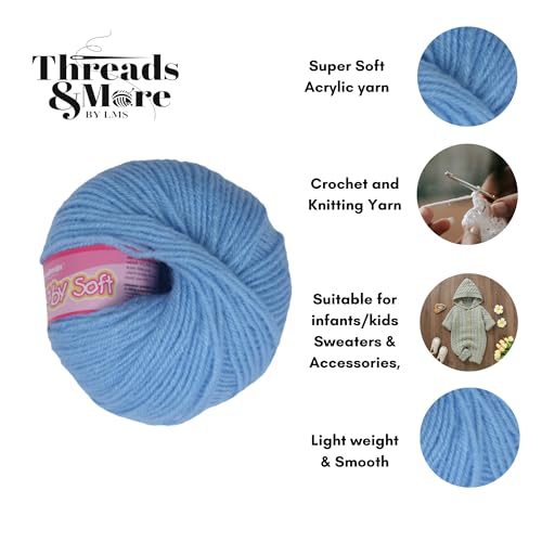 Image of Vardhman Baby Soft Yarn Pack of 6 - 4-Ply Acrylic Wool 150g Total | Soft Yarn for Knitting & Crocheting Baby Blankets, Sweaters, Toys & Accessories | 86m per 25g Ball (1, Sky Blue)