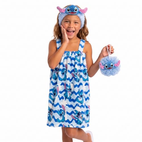 Jay Franco Kids Spa Set – 44" x 22.5" Towel Wrap, Loofah & Headband, Bath, Shower & Travel Set, Blue - Lilo and Stitch