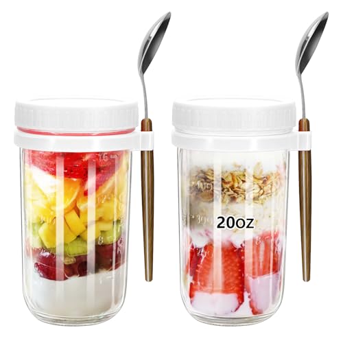 eispap 20oz - 2 Pack Overnight Oats Jars with Lids and Spoon, Overnight Oats Container with Lids, Measurement Marks, Wide Mouth Mason Jars for Salad, Cereal (2pcs white)