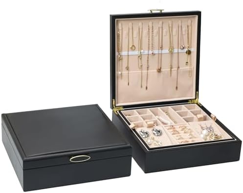 2-layer jewelry box,Jewelry Organizer with Handle,with hanging necklace hooks, detachable jewelry trays, suitable for storing a large amount of jewelry gift box (Large-Black)