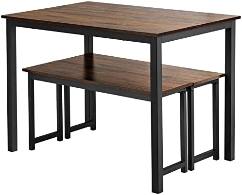 COSTWAY Dining Table Set with 2 Benches, 3 PCS Breakfast Table and Benches with Anti-slip Foot Pads, Space-Saving Kitchen Dinette Table Furniture Set for 4 People Small Space (Coffee+Black)
