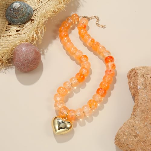 Wassazi Orange Chunky Beaded Necklace for Women, Colorful Acrylic Bead Statement Puff Heart Pendant Necklace, Cute Boho Y2K Choker Necklace for Gift Jewelry by Wassazi - Used condition - Image 7