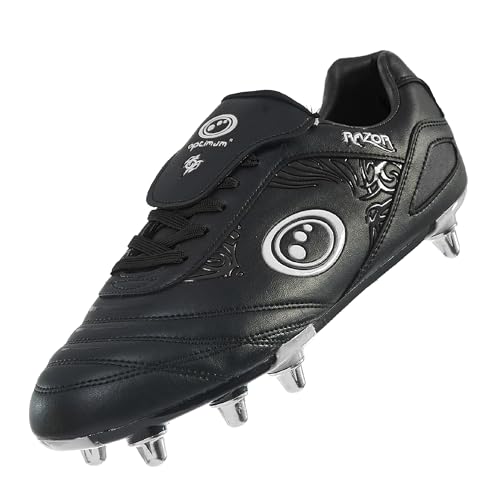 Optimum Razor Mens Rugby Boots, Lightweight 8 Stud Design Crafted for Elite Traction & Power to Drive Through the Scrum, Performance Ready for Soft Ground (SG) Grass Pitches - Black/Silver, Size 11