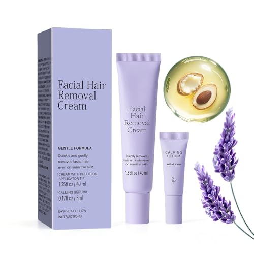 Facial Hair Removal Cream for Women with Calming Serum 2-in-1 Gentle Depilatory Kit for Sensitive Skin Upper Lip & Chin Hair Remover Skin-Friendly & Gentle Formula 1.35 fl oz + 0.17 fl oz