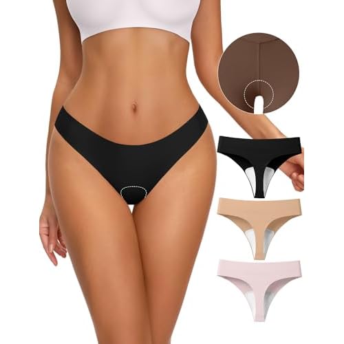 NIASOUL Thongs for Women Seamless Thong Panty Liners No Show Breathable G-Strings Workout Underwear 3p-black+skin+pink Large