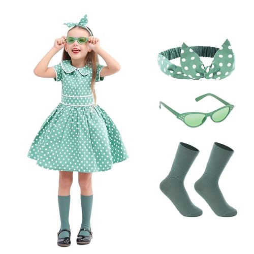 Rabtero Kids 50s Costume, 1950s Dresses for Girls, Girls Ice Cream Dress, Polka Dot Dress with Headband, Glasses and Socks for Toddlers 5-6 Years, Medium, Green