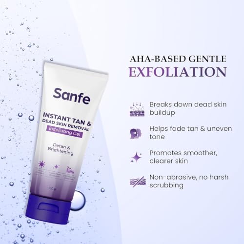 Image of Sanfe Instant Tan & Dead Skin Removal Exfoliating Gel | Visibly Removes Tan | AHA Exfoliation in Minutes | Smooth & Bright Skin | 100g, Pack of 1