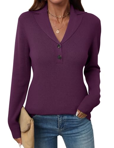 Image of LOMON Sweaters for Women 2025 Fall Knitted V-Neck Collared Button Pullover Dressy Casual Long Sleeve Polo Shirts Business