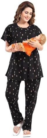 Fabme Pure Cotton Knit Half Sleeves Printed Night Suit - Black