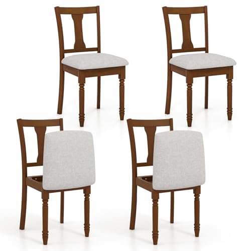 GOFLAME Upholstered Dining Chairs Set of 4, Wooden Dining Chairs with Padded Cushions, Hidden Seat Storage, Solid Acacia Wood Legs, Armless Vintage Accent Chairs for Dining Room, Kitchen, Walnut+Grey
