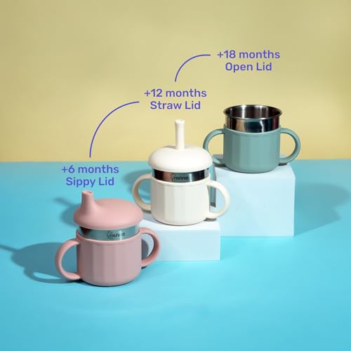Image of Feeding Set of 4 for Kids | Suction Plate Bowl Spoon Fork Sippy Cup | BPA Free | Stainless Steel | Easy Grip | Non Spill | Self Feeding Set | Dishwasher Safe | 3 Colours (Ocean)