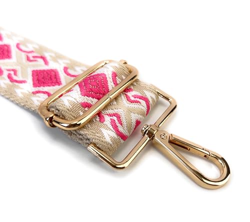 Image of Beige Hot Pink Boho Diamond Purse Strap with Light Gold Hardware 2 Inch Wide Replacement Crossbody Guitar Style Shoulder Strap for Handbags Totes