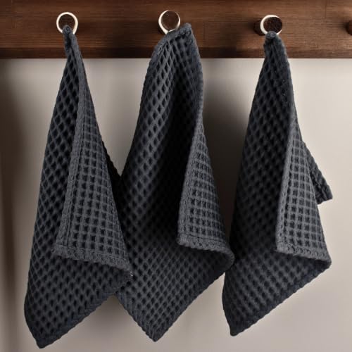 Püskül Antrasit, Pakette 3-Adet 30x30 cm Mutfak Havlusu, Misafir Havlusu, 100% Pamuk Yumuşak Emici Hızlı Kuruyan 3D Waffle Petek Dokuma Çok Amaçlı Kare Ölçü El, Yüz ve Mutfak Havlusu