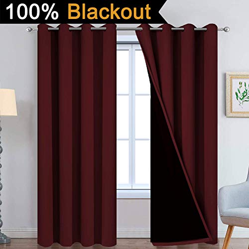 Image of Yakamok Completely Blackout Curtains 2 Thick Layers Thermal Insulated Drapes for Bedroom, Room Darkening Panels for Living Room(52Wx96L, Burgundy Red, 2 Panels)