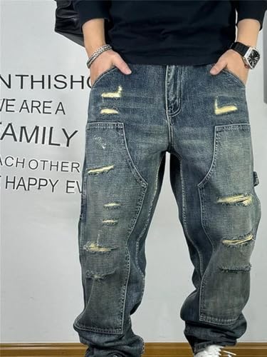 Men’S Streetwear Ripped Patch Baggy Denim Cargo Pants Slim Fit Full Length Button Fly Distressed Destroy Wash Jeans4