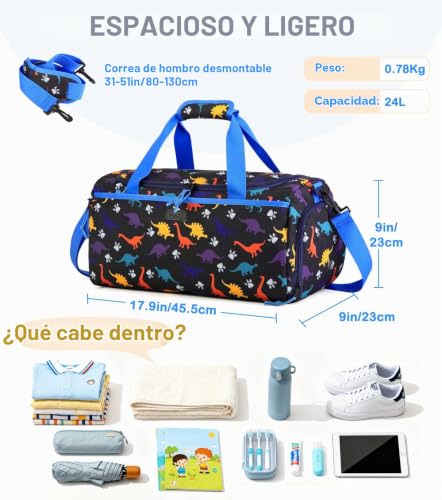 Miniatura 2 de Bolsa Deporte Para Infantil Con Bandolera, Vaschy Bolsa Viaje Niños Impermeable Bolso De Fin De Semana Bolso Deportivo Para Zapatos Y Bolsillo Mojado Bolsas De Hombro 46x23x23cm, Dinosaurios