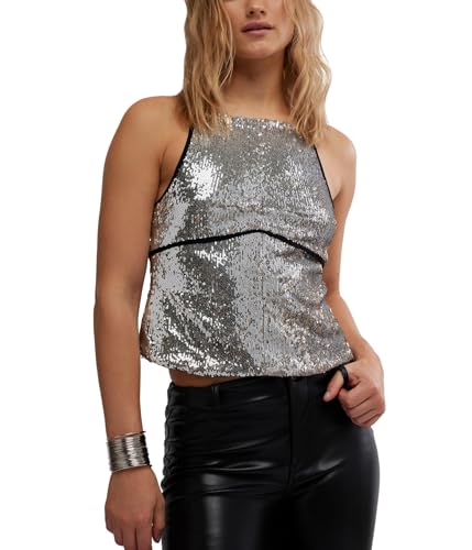 Free People Womens James Sequin Tank Silver Combo Medium