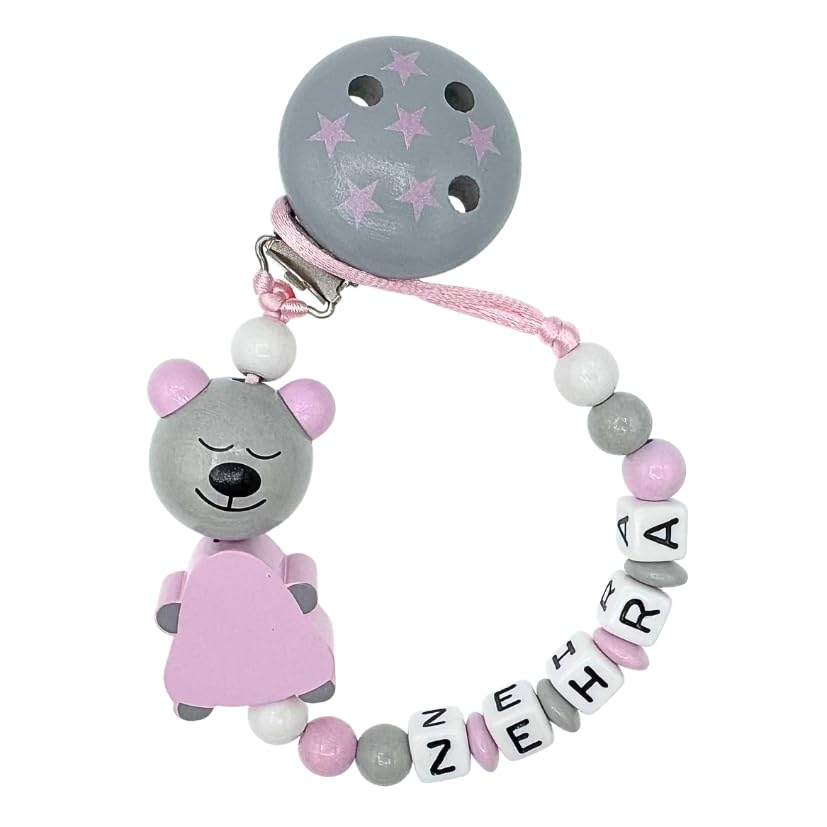 Set Nuckelkette + Kinderwagenkette mit Namen " BÄR/TEDDYBÄR " Hellgrau Rosa Weiß/Baby/Unisex/Personalisiert/HANDMADE