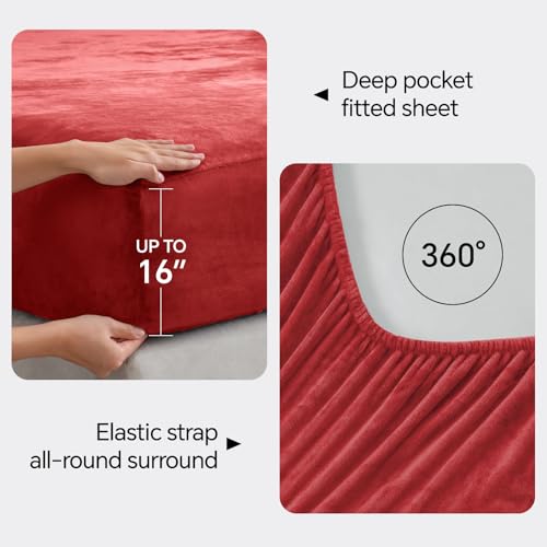Image of BEDELITE Flannel Sheets Queen Size Red - Super Soft Fleece Sheets Set Fluffy Extra Plush, 4 Piece(Include Fitted Sheet, Flat Sheet, 2 Pillowcases)