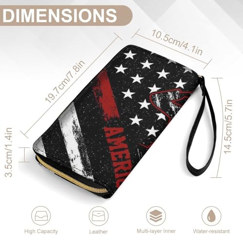 Women's High Capacity Travel Wallet Water-resistant Vintage Retro Veteran Proud Red Line American Flag Black Leather Wallets with ID Pockets and Multiple Card Slots2