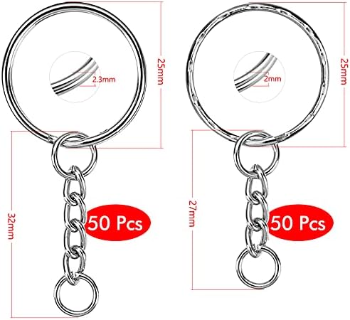 100PCS Split Key Ring with Chain, 2 Styles Silver Keyrings 1" / 25mm Open Jump Ring and Connector for Crafts Jewelry Making Resin DIY - Make Your Own Key Rings
