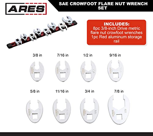 Ares 33011 – 8-Piece Sae Flare Nut Crowfoot Wrench Set – 3/8-Inch Drive Flare Nut Crowfoot Wrenches From 3/8-Inch To 7/8-Inch – 6 Point Flare Nut Crowfoot Wrench Design - Includes Storage Rail #TOP1