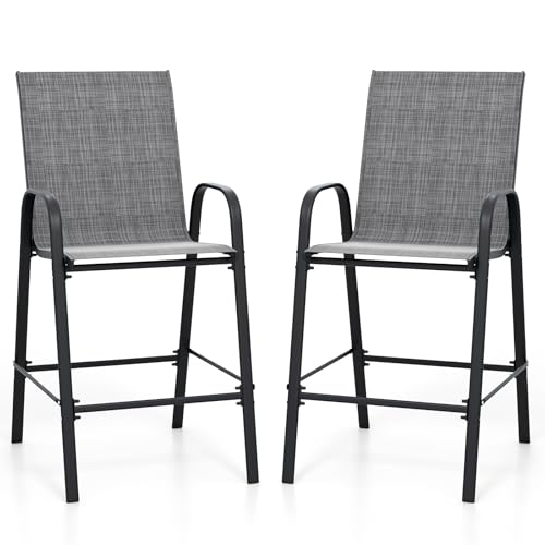 Tangkula Outdoor Bar Stools Set of 2 29 Fabric Counter Height Bar Chairs with High Back Armrests Footrest Enlarged Seat & Metal Frame Tall Patio Chairs for Backyard Deck Pool (Gray)