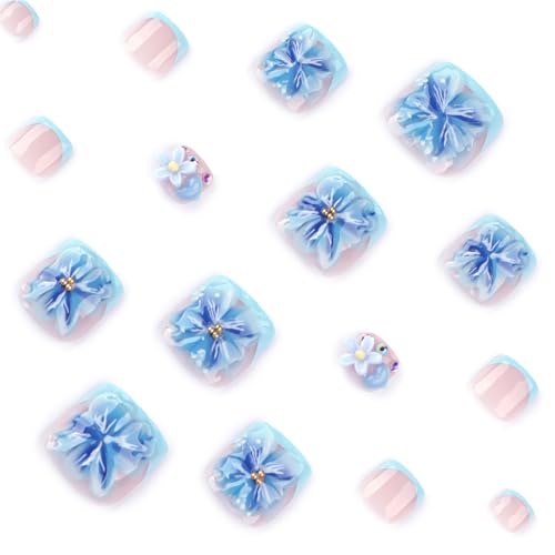 Image of Blue 3D Flower Press on Toenails Short Square Fake Toe Nails with Floral Design Glossy Full Cover Light Blue French Tip Stick on Toenails for Women Spring Manicure 24Pcs