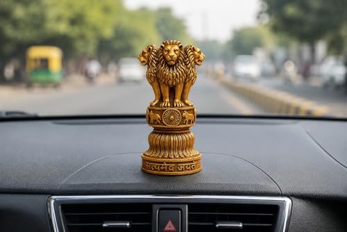 Image of ZYROO National Emblem Satyamev Jayate Ashoka Pillar - 5 Inch Golden Finish Lion Capital Idol for Study Table Ashoka Stambh Car Dashboard & Office Decor