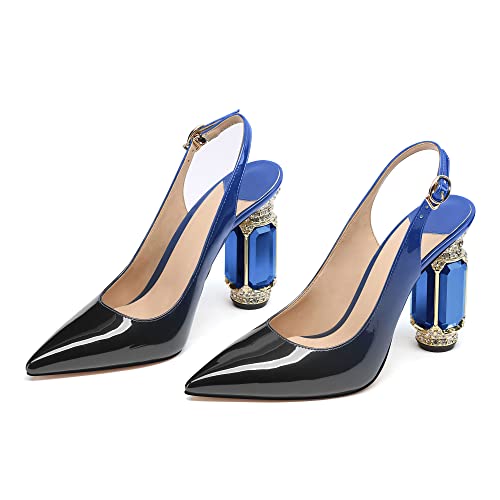 Image of JANSEVEN Women Chunky Heels Pumps Crystal Block Heels with Rhinestones Pointed Toe Sexy Gradient Patent Leather Slip on Bridal Party Wedding Dress Shoes 5-13 M US