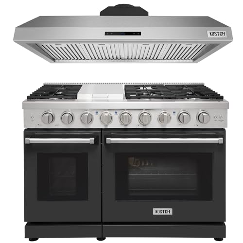 KOSTCH 48 inch Pro-Style Natural Gas Range or Liquid Propane Gas with 6 Burners & 1 Griddle Cooktop, Double 4.6 cu. ft. and 2.2 cu. ft. Oven & 48 inch Under Cabinet Range Hood (Black)