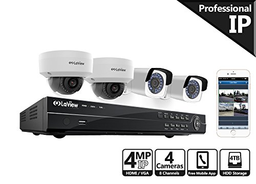 LaView 4-Megapixel (2688 x 1520) 8CH PoE NVR Security Cameras System - 4 4MP Security Camera System - 2 4MP Bullet and 2 4MP Dome IP Surveillance Cameras, 100ft Night Vision, 4TB Hard Drive