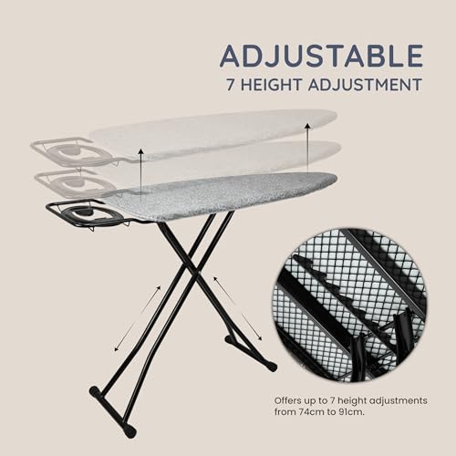 CUQOO Folding Ironing Board – 122x38cm, Adjustable Height (74-91cm), Durable with Safety Lock & Anti-Skid Feet, Includes Silicone Iron Rest & 2 Stylish Covers