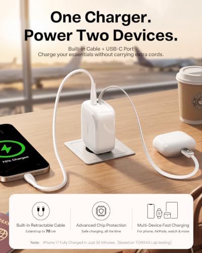 Image of TORRAS FlexLine 35W USB C Charger, Dual-Port GaN Retractable Charger