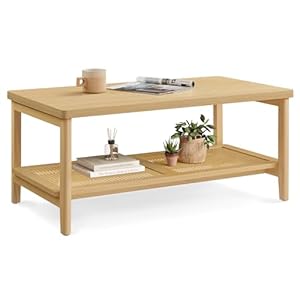 VASAGLE 2-Tier Coffee Table for Living Room, Rectangular Living Room Table, with PVC Rattan Storage Shelf, Rounded Corners, Easy Assembly, Boho Style, 21.7 x 39.4 x 17.7 Inches, Oak Beige ULCT240Y57